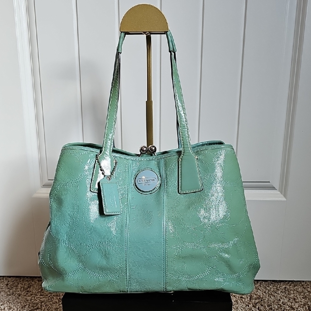 Coach 2011 F15658 Signature Stitched Patent Leather Framed Carryall Mint Green - Picture 6 of 13
